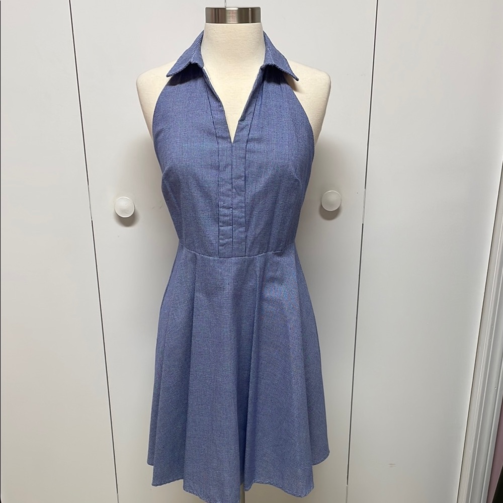 Blue A-line Backless Sundress with Sleeveless Halter Neck